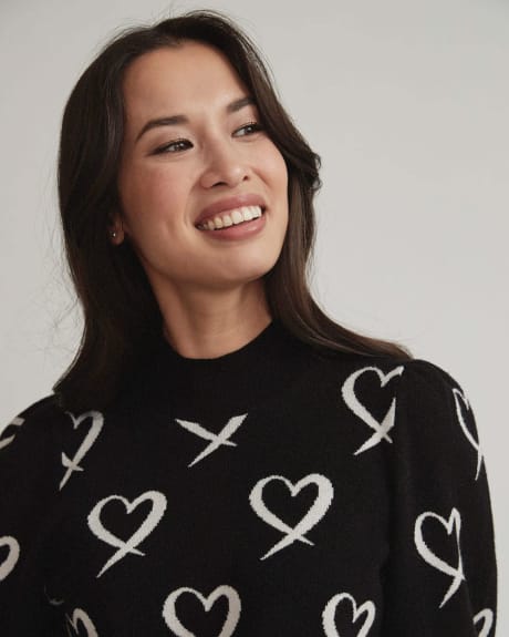Mock-Neck Puffy Sleeve Sweater with Heart Pattern