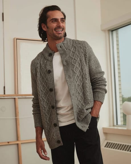 Mock-Neck Zipped Cardigan With Sherpa-Lined Collar