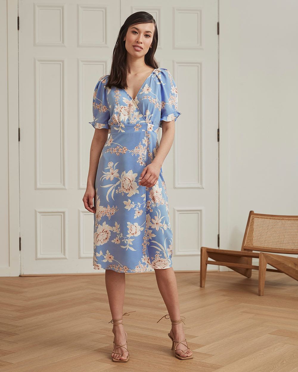 Crossover Puffy Short Sleeve Dress with Side Slit