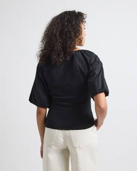 Short-Puffy-Sleeve V-Neck Mix-Media Top