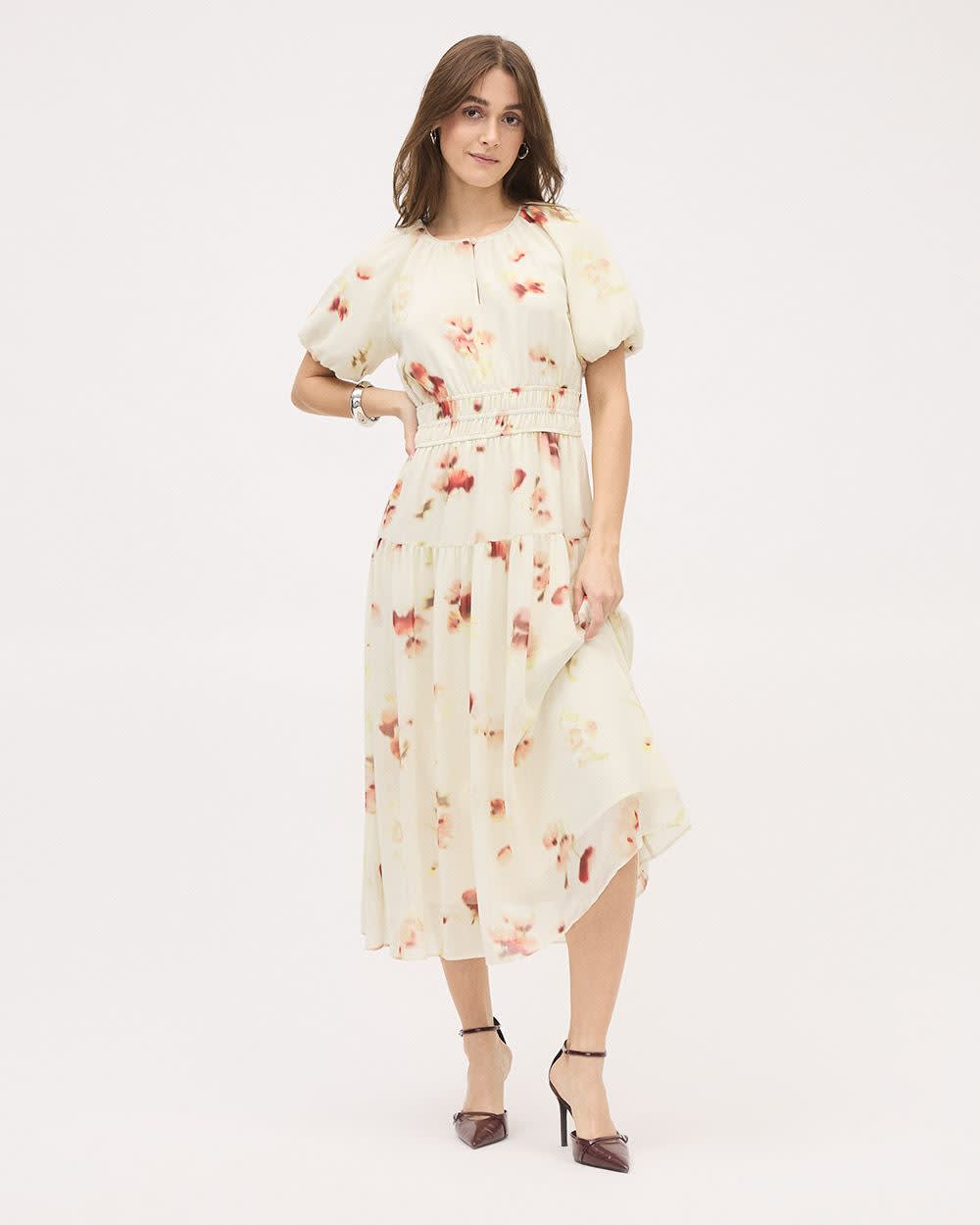 Short-Puffy-Sleeve Midi Dress with Crew Neckline