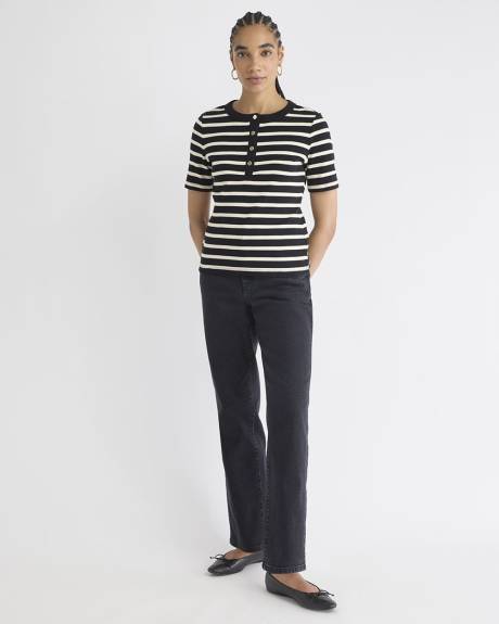 Striped Short-Sleeve Henley Ribbed Top
