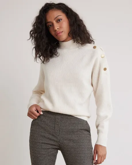 Long-Sleeve Mock-Neck Sweater with Buttons at Shoulder