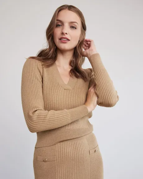 Cropped V-Neck Sweater with Long Puffy Sleeves