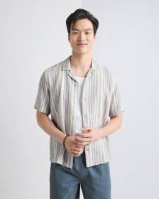 Linen-Blend Short-Sleeve Striped Shirt with Camp Collar