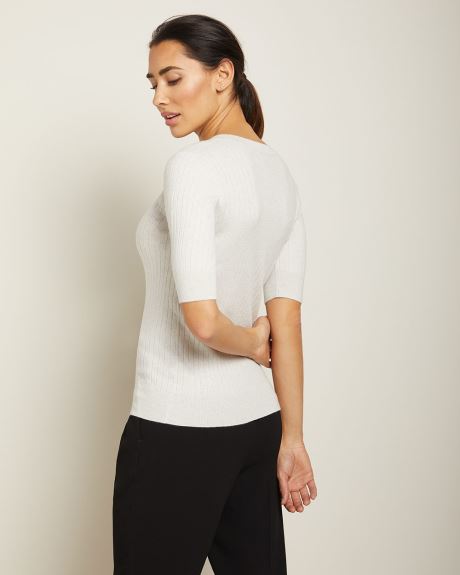 Rib knit short sleeve V-neck sweater