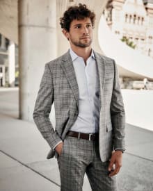 Slim Fit Light Grey 40-Hour Suit Blazer with Blue Checkered Print