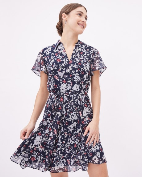 Short-Sleeve Shirt-Collar Fit and Flare Belted Dress