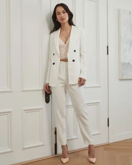 White Pique Faux Double-Breasted Long Blazer