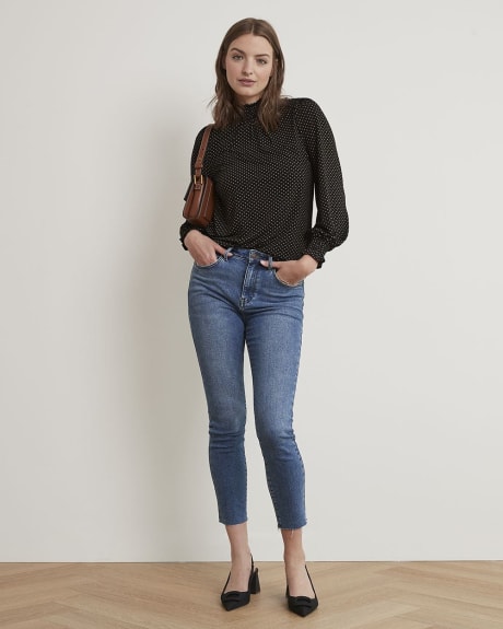 Printed Mock-Neck T-Shirt with Long Puffy Sleeves