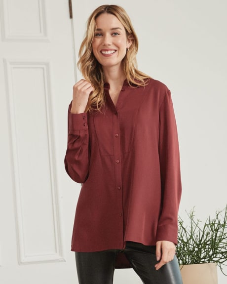 Twill Button-Down Long Sleeve Blouse with Front Detail