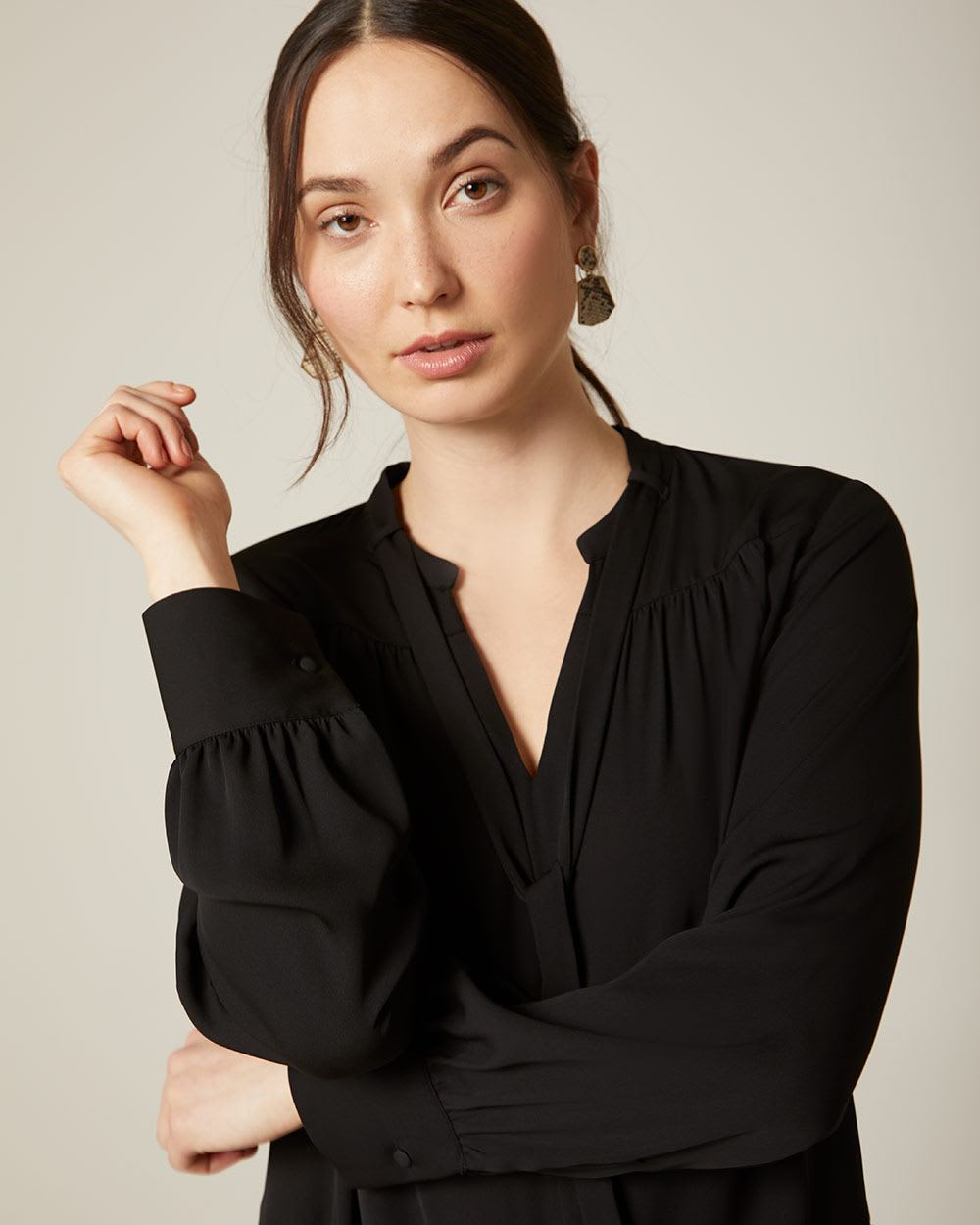 Long sleeve blouse with shirring and neck tie | RW&CO.