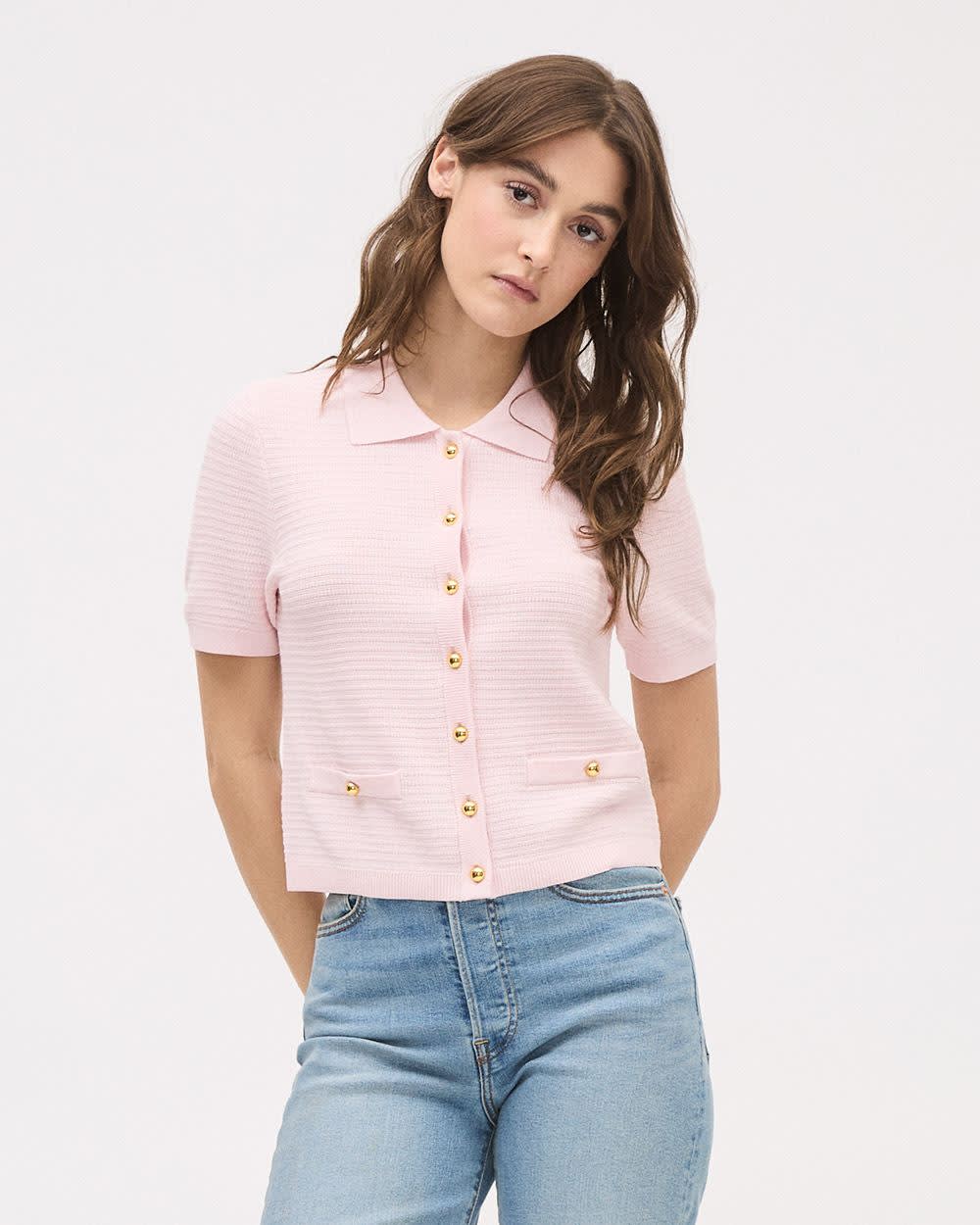 Cropped Cardigan with Shirt Collar