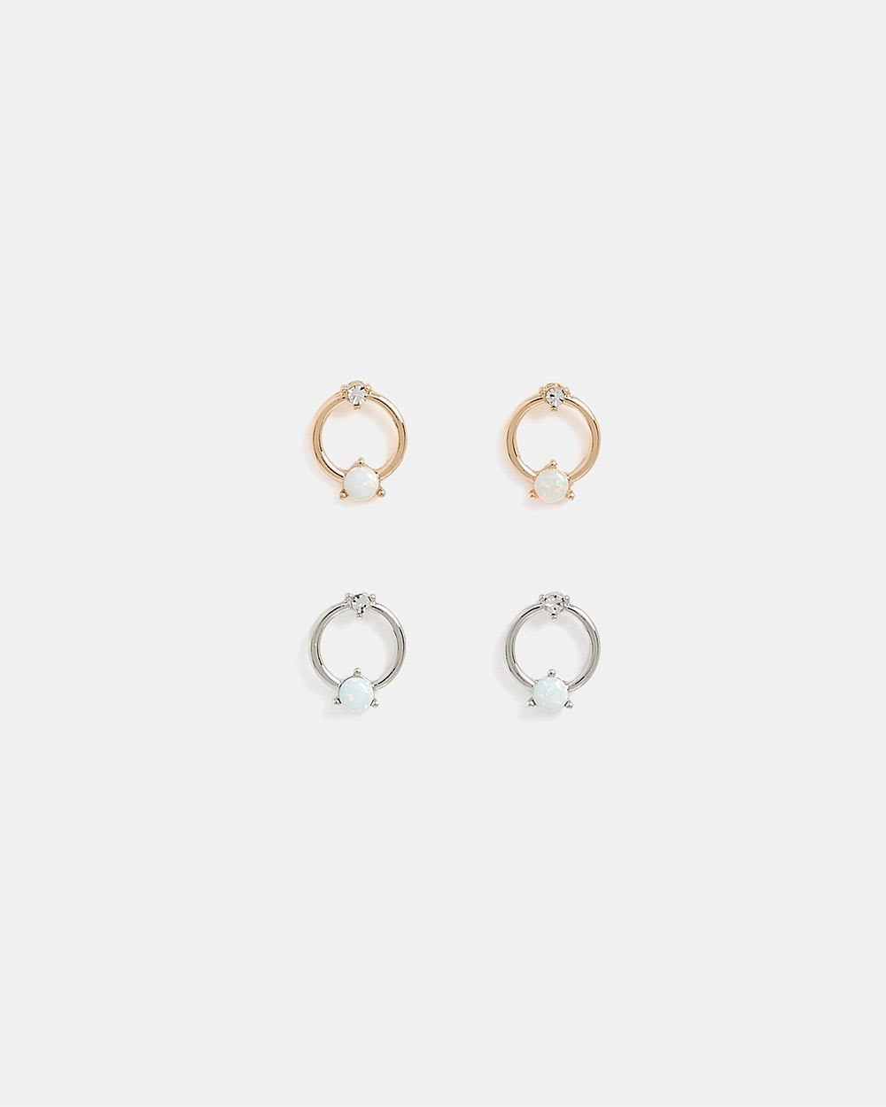 Small Circle Stud Earrings with Delicate Stone - 2 Pairs