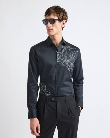 Chemise Habill&eacute;e Noire &agrave; Coupe &Eacute;troite avec Motif Floral Blanc