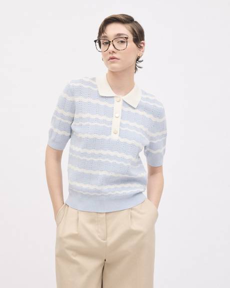 Striped Polo Sweater with Elbow Sleeves