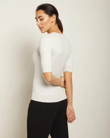 Rib knit short sleeve V-neck sweater