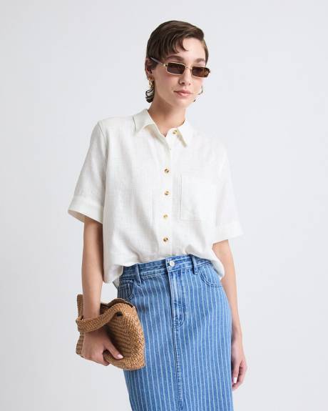 Blouse en M&eacute;lange de Lin &agrave; Manches Courtes et Col Chemisier