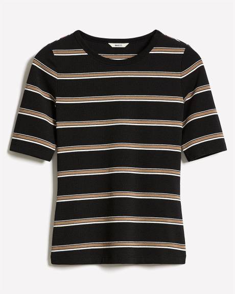 Striped Elbow-Sleeve Crew-Neck Fitted Tee
