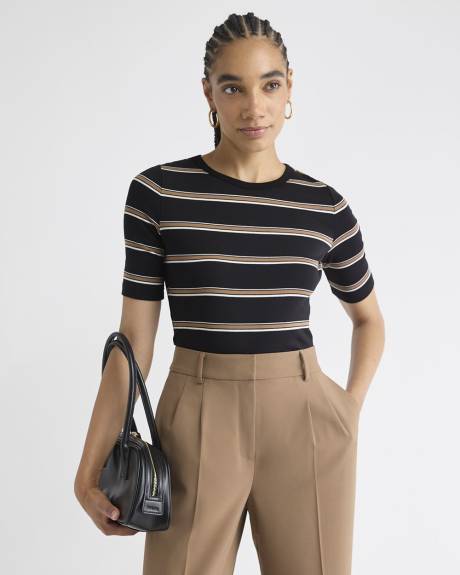 Striped Elbow-Sleeve Crew-Neck Fitted Tee