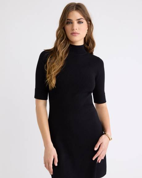 Elbow-Sleeve Mock-Neck Mini Sweater Dress