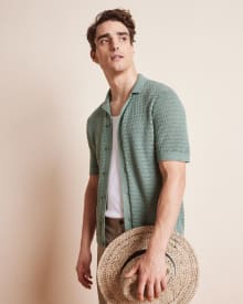 Short-Sleeve Crochet Sweater Shirt with Camp Collar