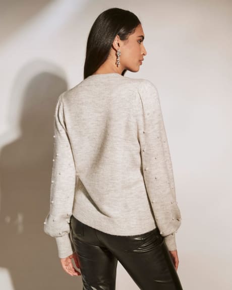 Soft Spongy Mock-Neck Pullover Sweater With Pearls