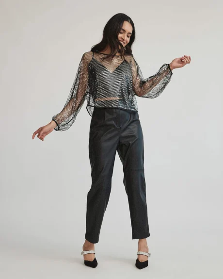 Sequin Grid Long Sleeve Popover Blouse