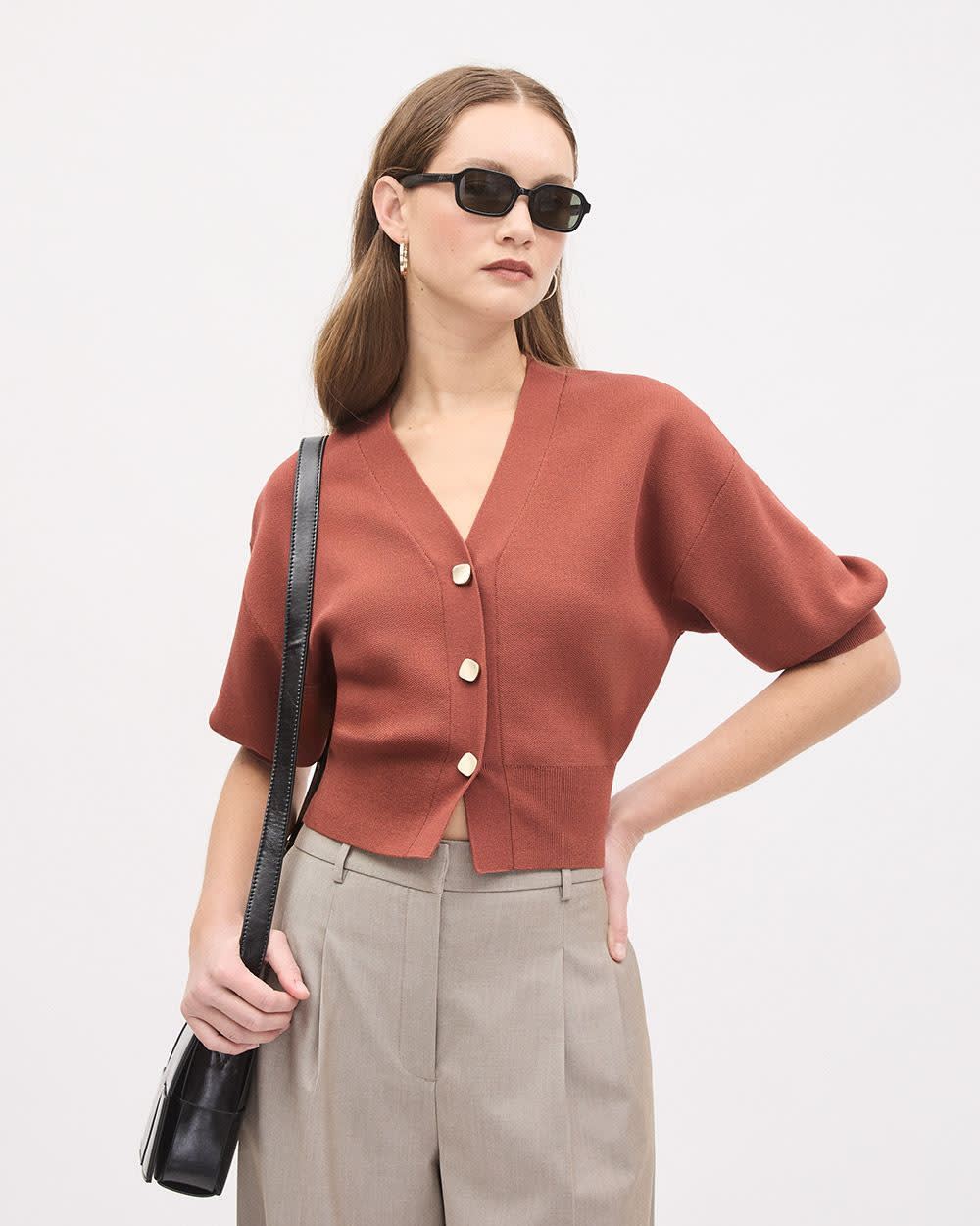 Elbow-Sleeve Buttoned-Down Cardigan