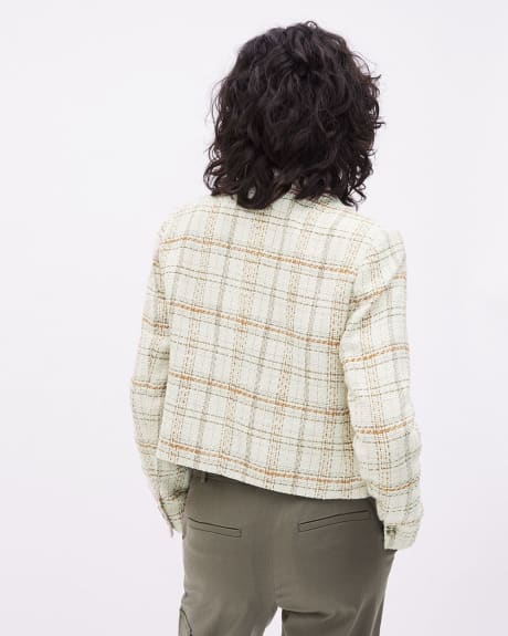 Plaid Tweed Long-Sleeve Cropped Blazer