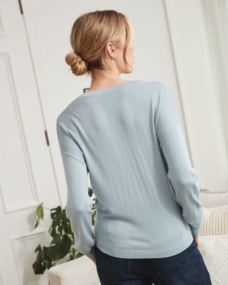 Split Neck Sweater with Ribbed Cuffs