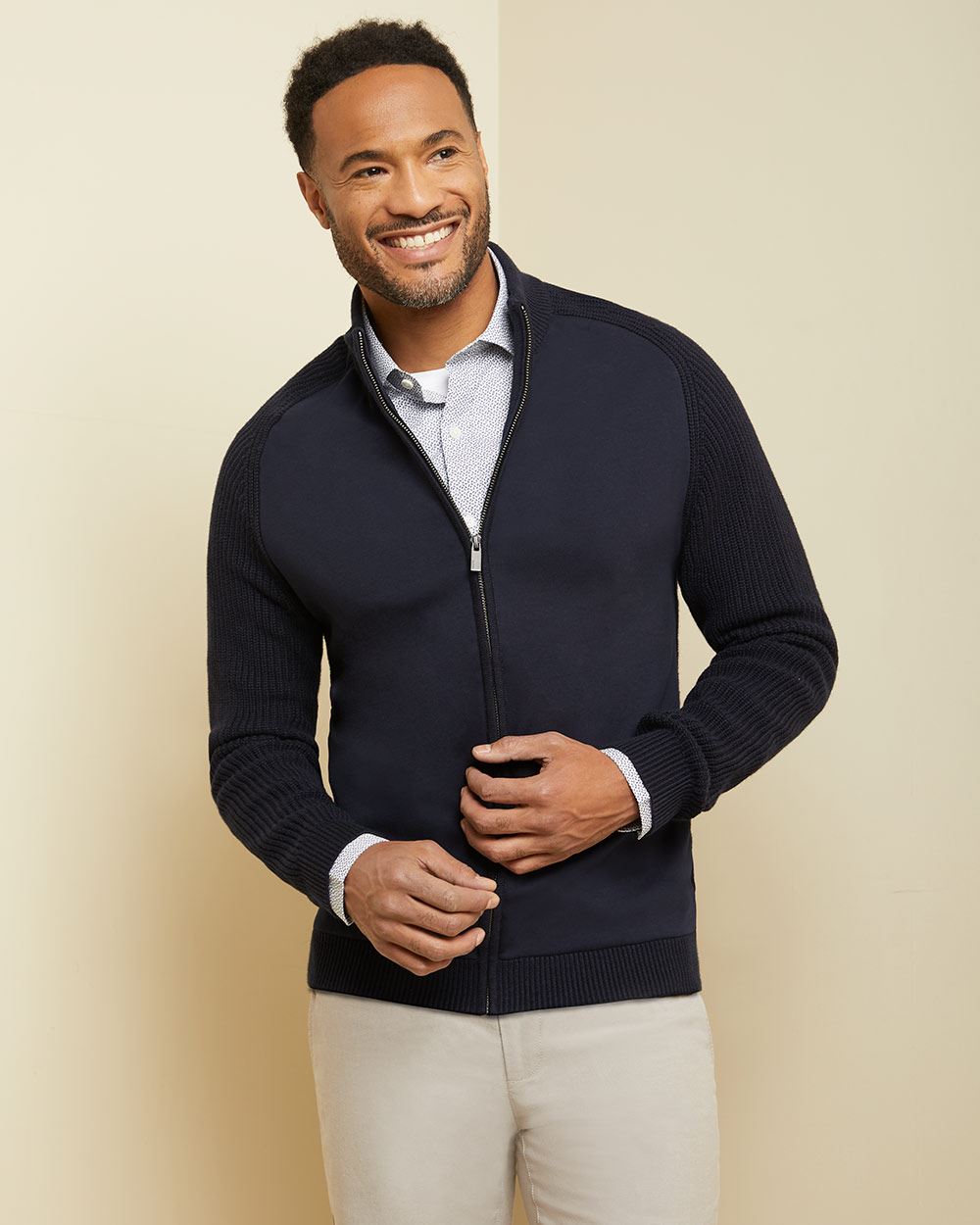 white zip up cardigan