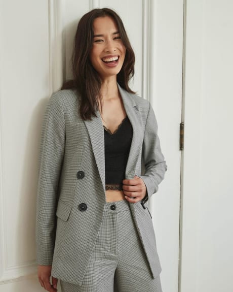 Mini Houndstooth Faux Double-Breasted Long Blazer