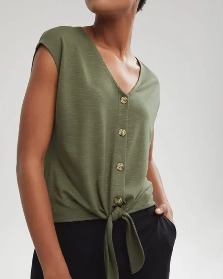 Buttoned V-Neck T-Shirt with Waist Tie