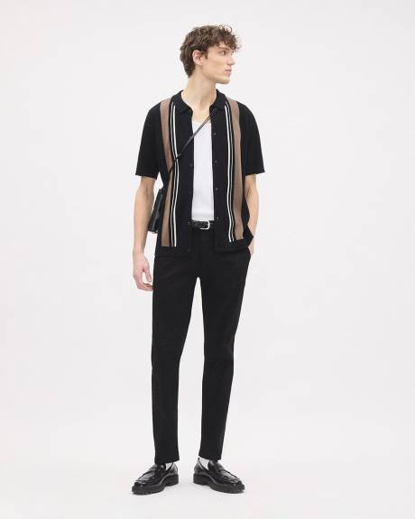 Striped Short-Sleeve Buttoned-Down Sweater with Shirt Collar