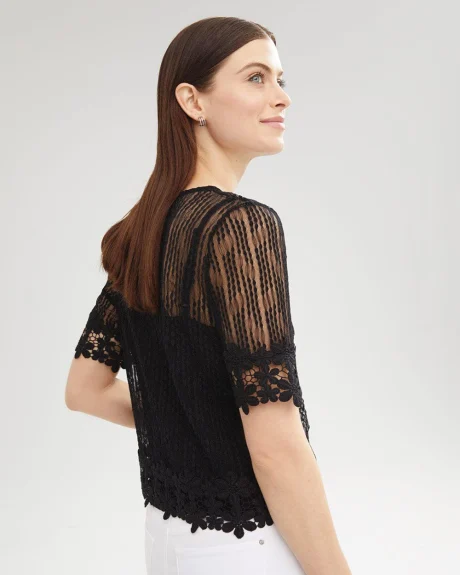 Lace Elbow Sleeve Top with Flowery Details