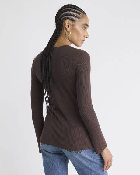 Flare-Sleeve Crew-Neck Ribbed Cardigan