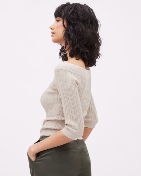 Off-the-Shoulder Elbow-Sleeve Fitted Sweater