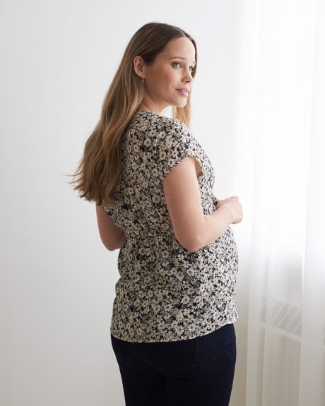 Grainy Cap Sleeve V-Neck Blouse with Removable Sash - Thyme Maternity