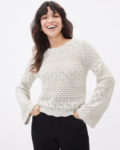 Long-Sleeve Boat-Neck Crocheted Pullover