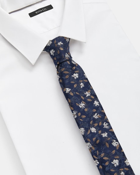 Skinny Navy Tie with Golden Leaves