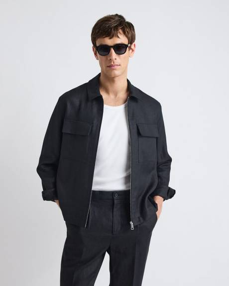 Linen Jacket with Flap Pockets at Chest