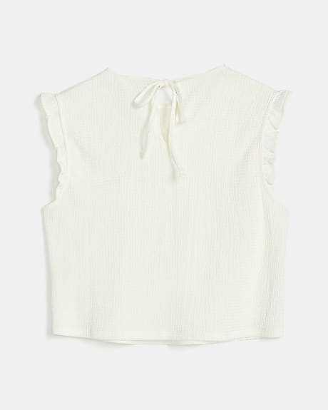 Crew-Neck Blistered Crop Top with Frills