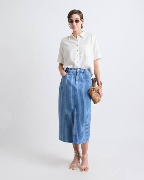 Blouse en M&eacute;lange de Lin &agrave; Manches Courtes et Col Chemisier