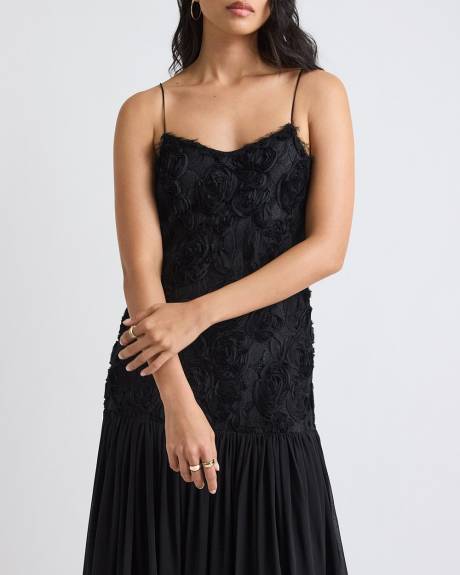 Robe Cocktail Maxi Cintrée et Évasée Sans Manches à Fleurs 3D