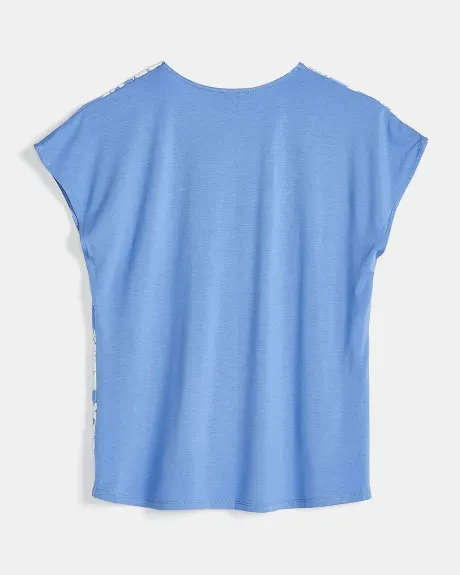 T-Shirt Bi-Matière à Col V avec Épaules Tombantes