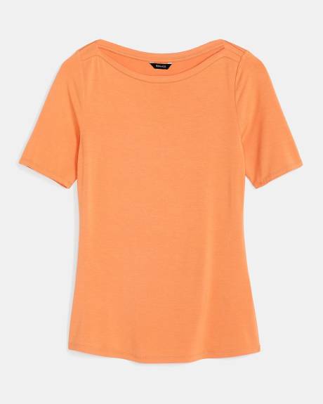 Solid Elbow Sleeve Boat-Neck T-Shirt