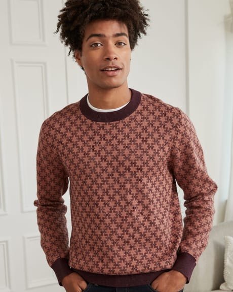 Crew Neck Sweater with Geo Jacquard Pattern