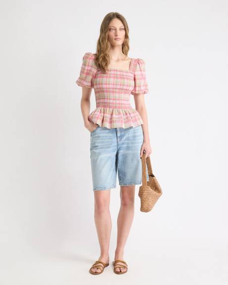 Smocked Peplum Blouse with Short Puffy Sleeves
