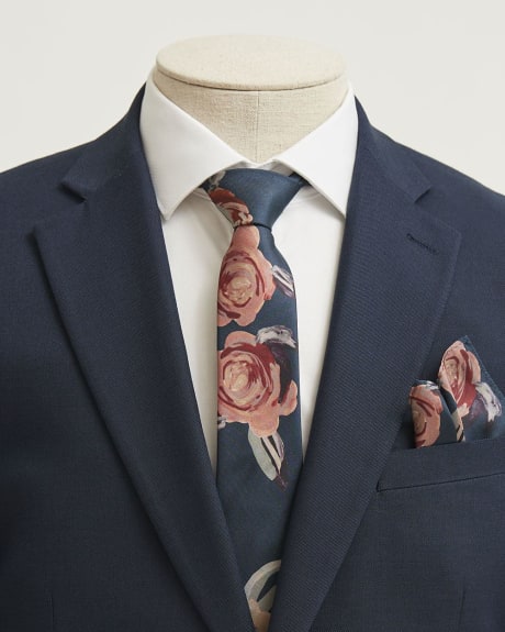Regular Navy Tie and Handkerchief with Floral Pattern - Gift Set